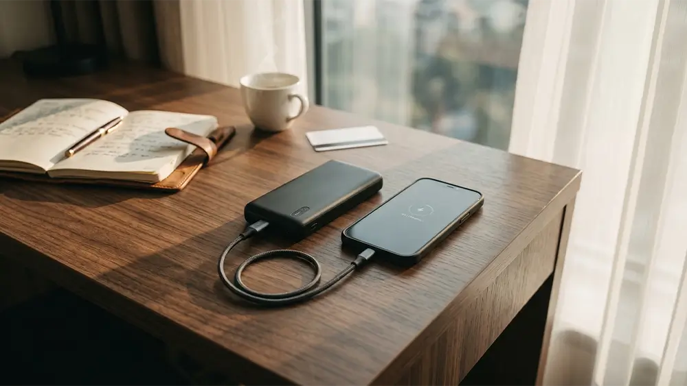 Telefona uzlāde ar power banku ceļojumā