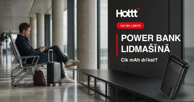 Ceļotājs ar power bank lidostas uzgaidāmajā zonā