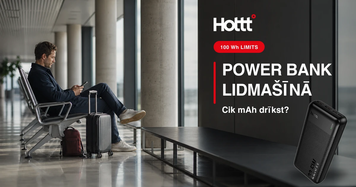 Ceļotājs ar power bank lidostas uzgaidāmajā zonā