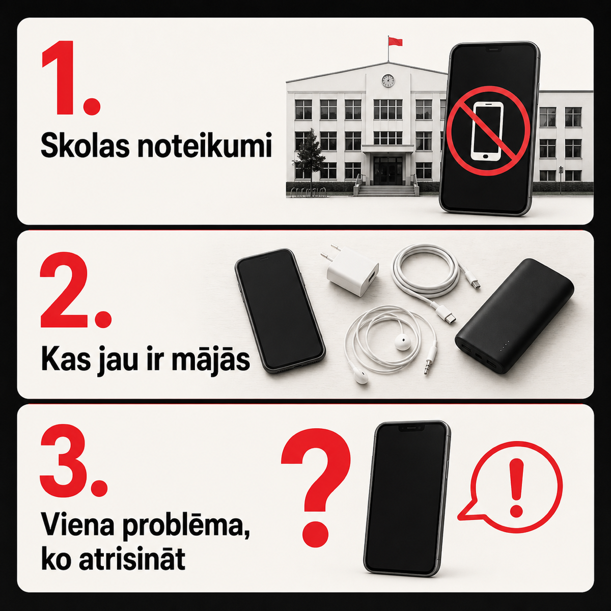 Trīs soļi pirms telefona aksesuāru pirkuma: skolas noteikumi, mājās esošās ierīces un viena risināma problēma.