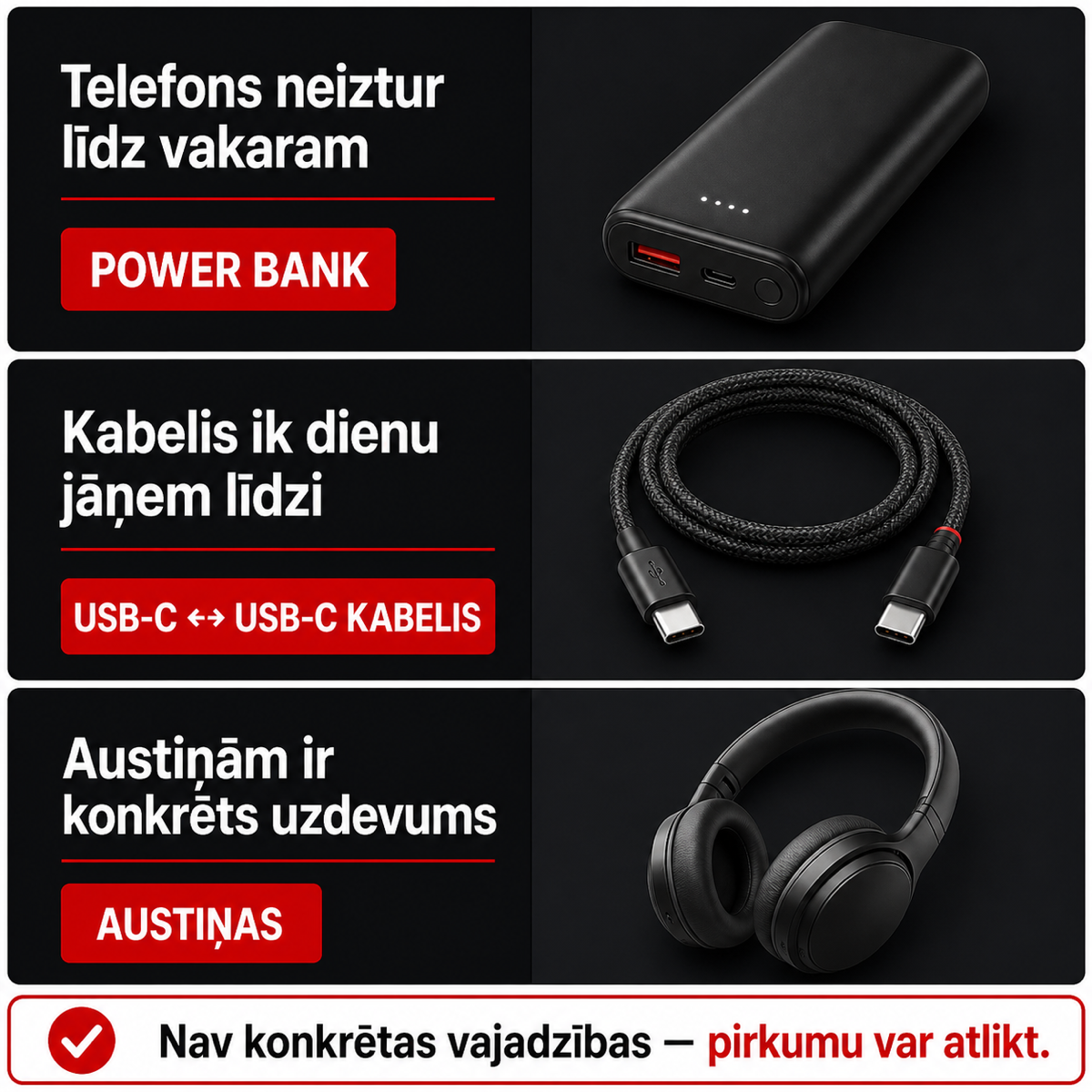 Lēmumu karte: power bank, USB-C-USB-C kabelis vai austiņas atbilstoši skolēna ikdienas vajadzībai.