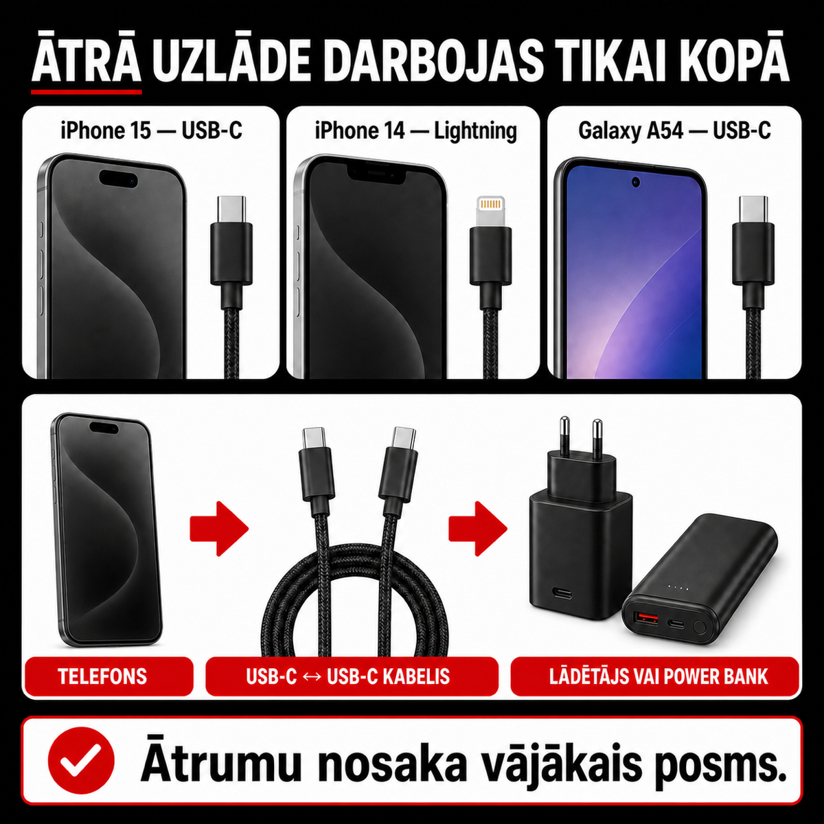 Uzlādes saderības shēma ar iPhone 15, iPhone 14 un Galaxy A54 pieslēgvietu piemēriem un USB-C uzlādes ķēdi.