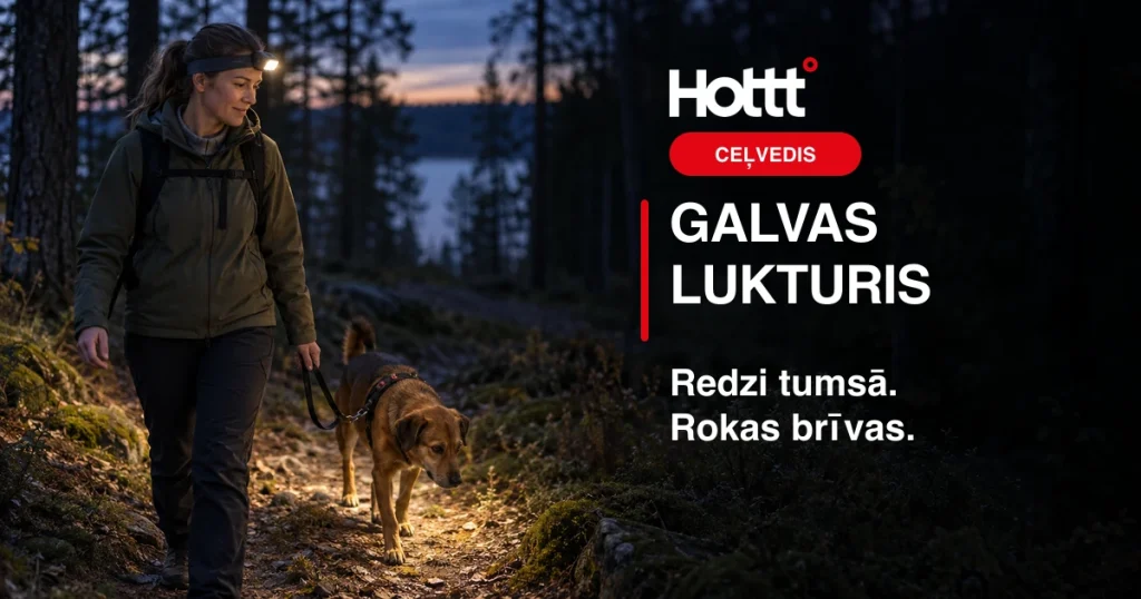 Sieviete ar galvas lukturi pastaigā ar suni krēslā. Hottt izvēles ceļvedis.